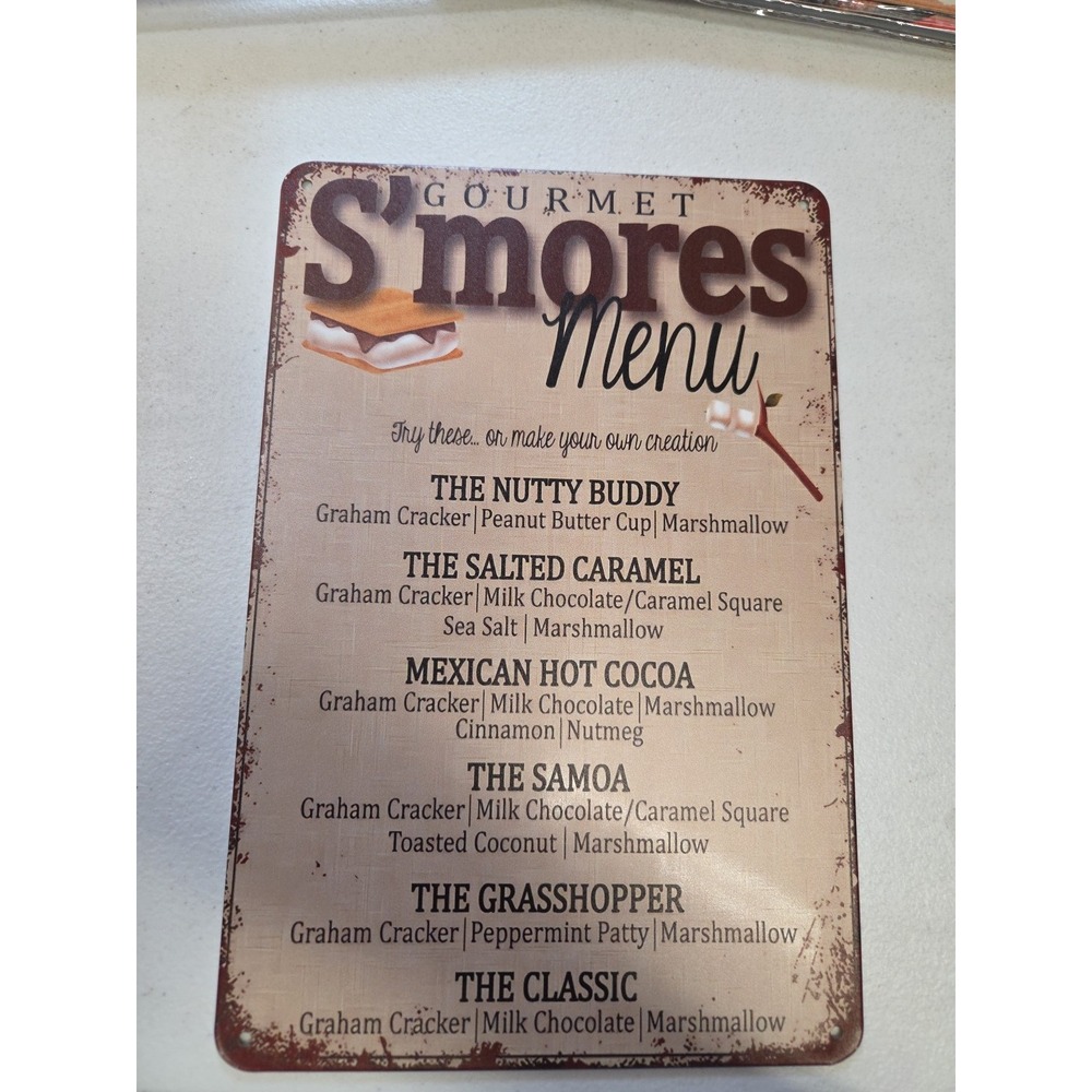 Gourmet S'mores Menu Metal Tin Sign Campfire Marshmallow Wall Decor 8x12
